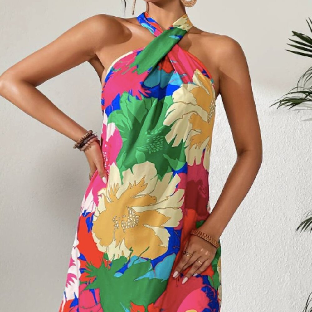 NWT Women's Floral Print Halter Neck Loose Dress, Sleeveless Summer Dress, Small